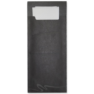 Serviettentaschen "Gourmet Gastro" 85x200mm schwarz mit Tissue-Servietten 33x33cm 2-lagig weiß