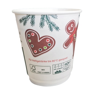 Bio-Doppelwand-Glühweinbecher 8oz/200ml (Ø80mm) PLA "Weihnachten" mit Eichstrich und SUP-Logo