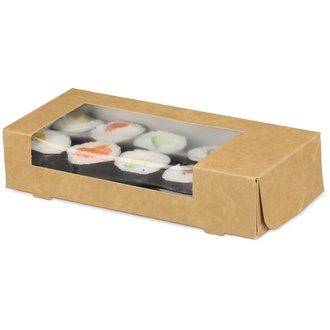 Sushi-Box Größe S - 165x70x35mm Karton braun/innen weiß mit Sichtfenster ohne Druck