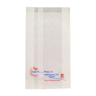 Metzgerfaltenbeutel 403 - 16+6x28cm "frisch verpackt" neues Design Kraftpapier gefädelt weiß