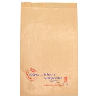 Metzgerfaltenbeutel 405 - 20+7x32cm "frisch verpackt" neues Design Kraftpapier gefädelt braun