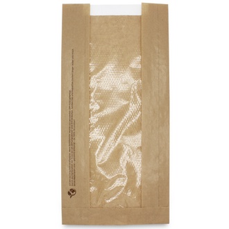 Sichtstreifenbeutel 16+6x32cm Kraftpapier braun ungefädelt mit genadelter OPP-Folie