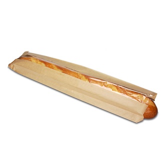 Sichtsteifenbeutel Baguette 12+5x63cm br geripptes Kraftpapier + 5cm perforiertem OPP-Sichtstreifen