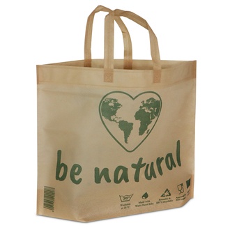Permanent-Tragetaschen/Gewebetaschen PP Vlies 50x40+15cm beige Neutraldruck "be natural" + 2 Griffen