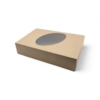 Partykarton braun klein 36x25x8cm mit anhängendem Deckel und Sichtfenster ohne Druck
