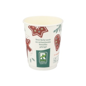 Bio-Doppelwand-Glühweinbecher 12oz/300ml (Ø85mm) PLA "Weihnachten" mit Eichstrich und SUP-Logo