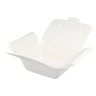 Foodboxen Bagasse 650ml mit anhängendem Deckel, Besteck- und Dipfach 150x135x63mm