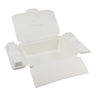 Foodboxen Bagasse 1700ml mit anhängendem Deckel, Besteck- und Dipfach 210x190x61mm