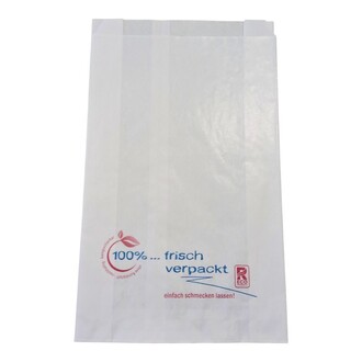 Metzgerfaltenbeutel 401 - 12+5x23cm "frisch verpackt" neues Design Kraftpapier gefädelt weiß 