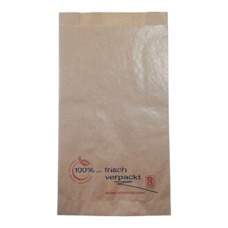 Metzgerfaltenbeutel 401 - 12+5x23cm "frisch verpackt" neues Design Kraftpapier gefädelt braun