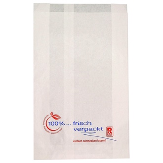 Metzgerfaltenbeutel 405 - 20+7x32cm "frisch verpackt" neues Design Kraftpapier gefädelt weiß