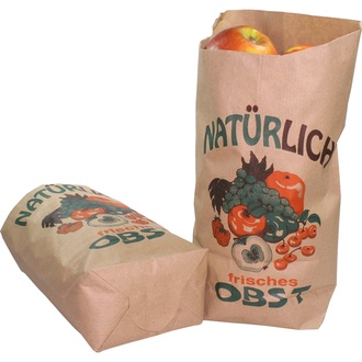 Kreuzbodenbeutel 217 - 20x29cm 1,5kg - Kraftpapier braun - gefädelt - Neutraldruck: "Obst"