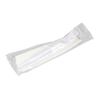Besteckset Mehrweg "3in1" (Gabel, Messer, Serviette) weiß