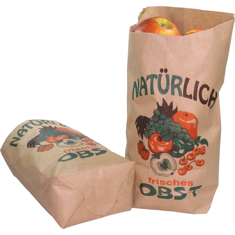 Kreuzbodenbeutel 217 - 20x29cm 1,5kg - Kraftpapier braun - gefädelt - Neutraldruck: "Obst"