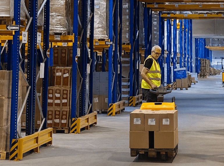 Mitarbeiter mit Warnweste bewegt eine Palette durch ein großes, gut organisiertes Hochregallager