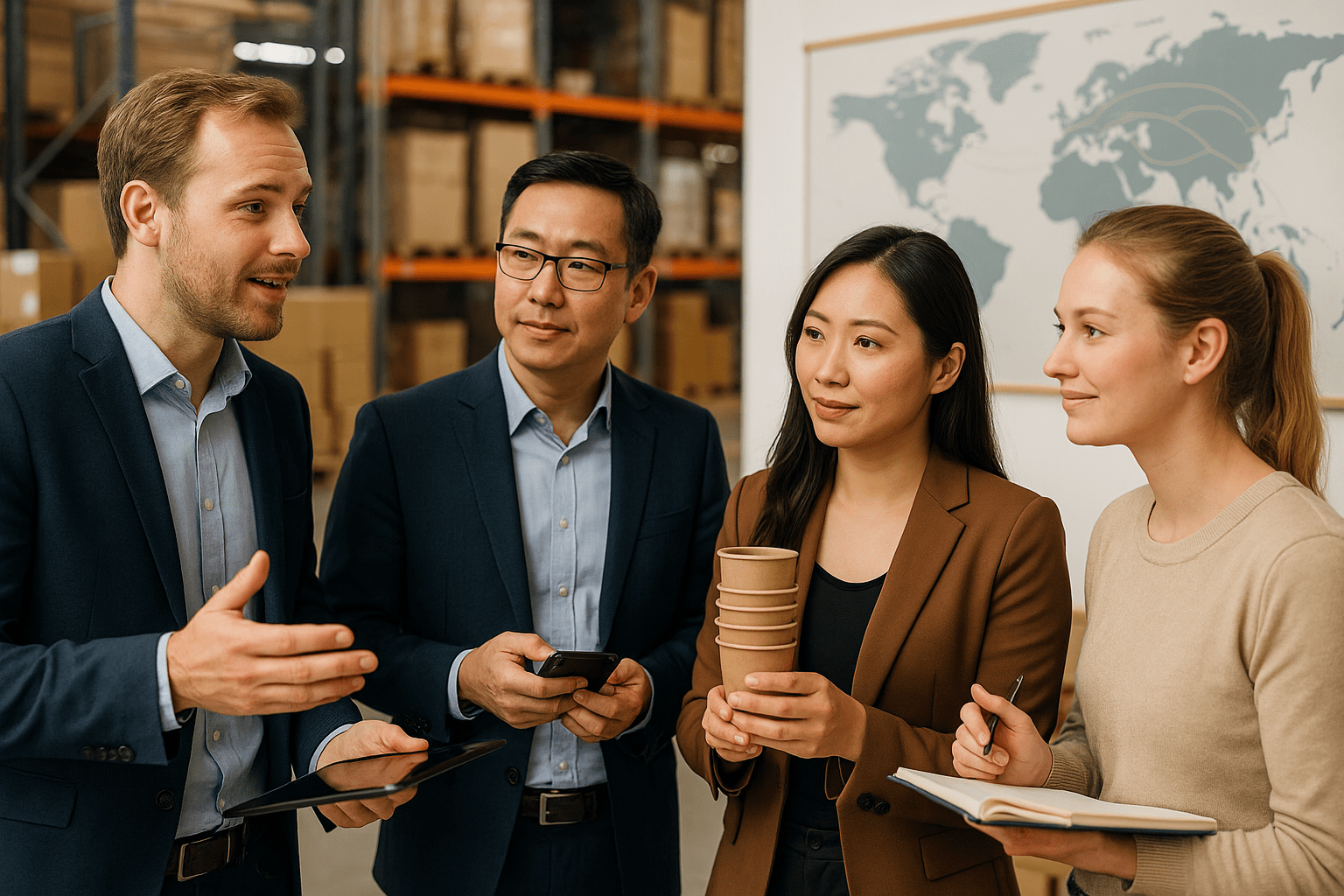 Vier Geschäftsleute im Gespräch vor einer Weltkarte in einem Lager
