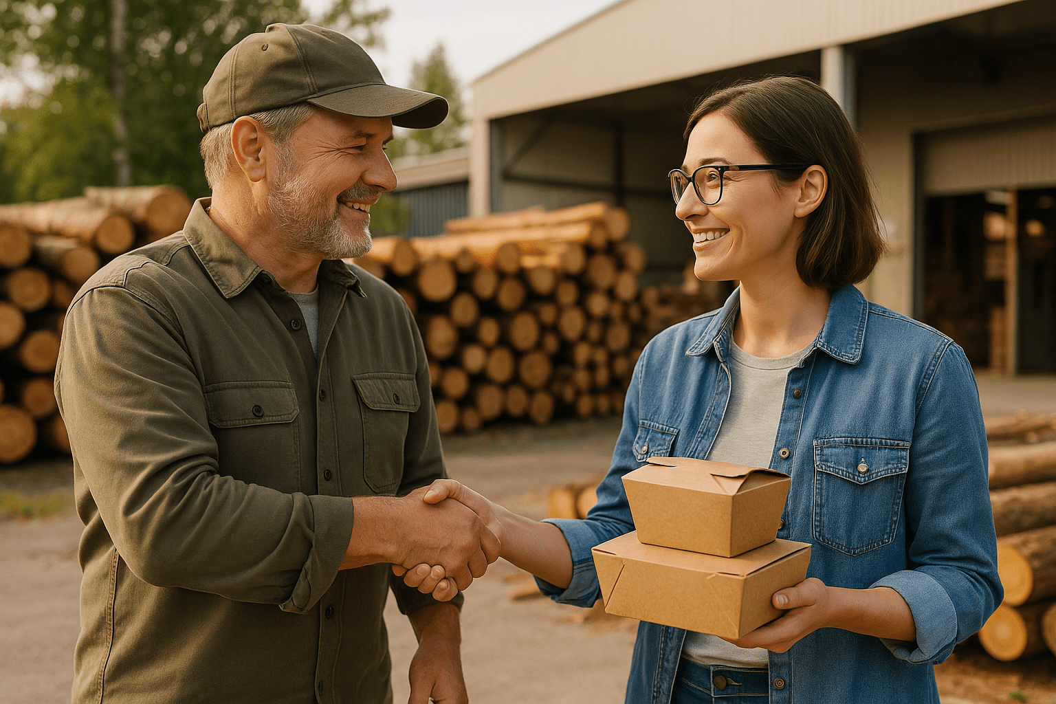 Zwei Personen schütteln sich vor einem Holzlager die Hand
