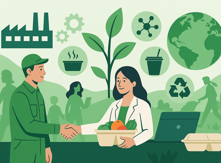 Illustration zum Thema Nachhaltigkeit: Eine Frau und ein Mann reichen sich die Hand, umgeben von Symbolen wie Recycling, Pflanzen, Erde und umweltfreundlichen Verpackungen – Sinnbild für nachhaltige Zusammenarbeit und Ressourcenschonung.