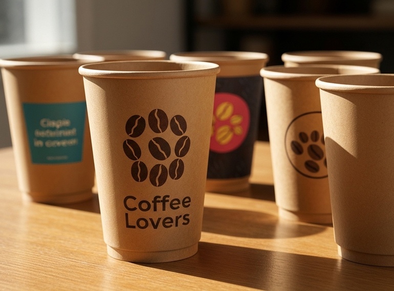 Mehrere braune Pappbecher mit Aufdruck „Coffee Lovers“ und Kaffeemotiven auf einem Holztisch – Beispiel für nachhaltige, individuell bedruckte Kaffeebecher.