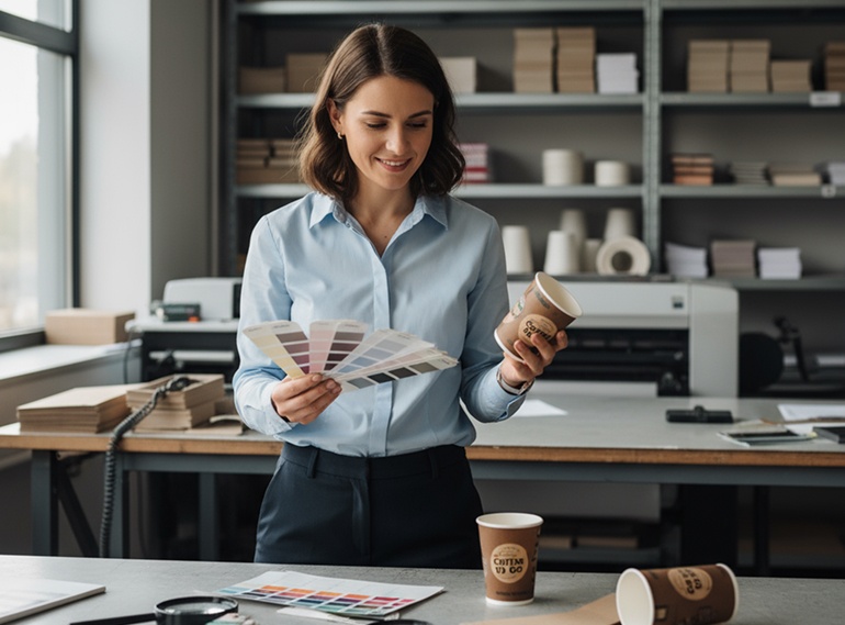 Frau in einem Büro oder Designstudio hält Farbmuster und einen bedruckten Kaffeebecher in der Hand – Symbol für Verpackungsdesign und individuelle Produktgestaltung.