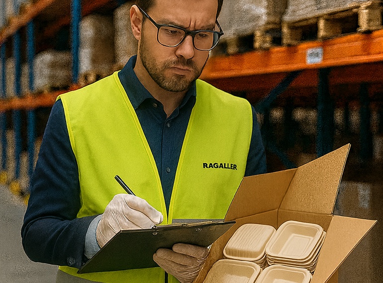 Mitarbeiter im Lager mit Warnweste und Klemmbrett prüft eine Lieferung nachhaltiger Verpackungsschalen