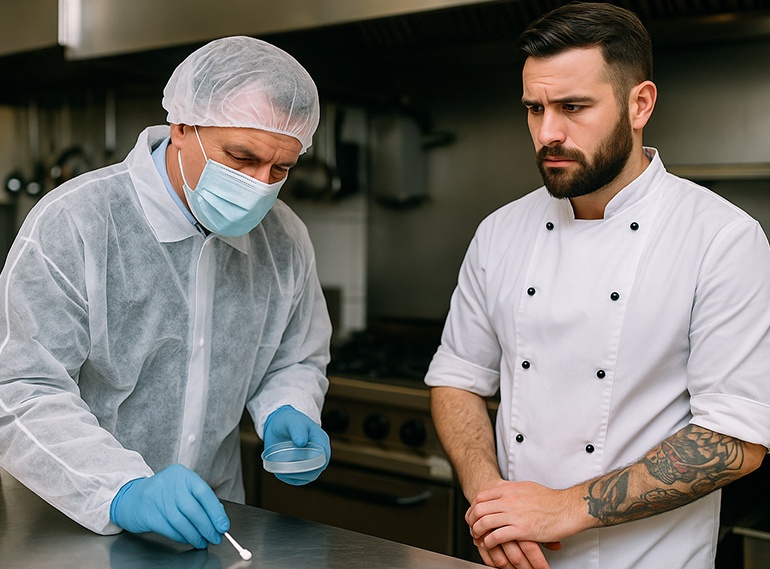 Lebensmittelkontrolle in einer Großküche: Ein Inspektor im Schutzanzug nimmt mit einem Wattestäbchen eine Probe von der Arbeitsfläche, während ein Koch daneben steht