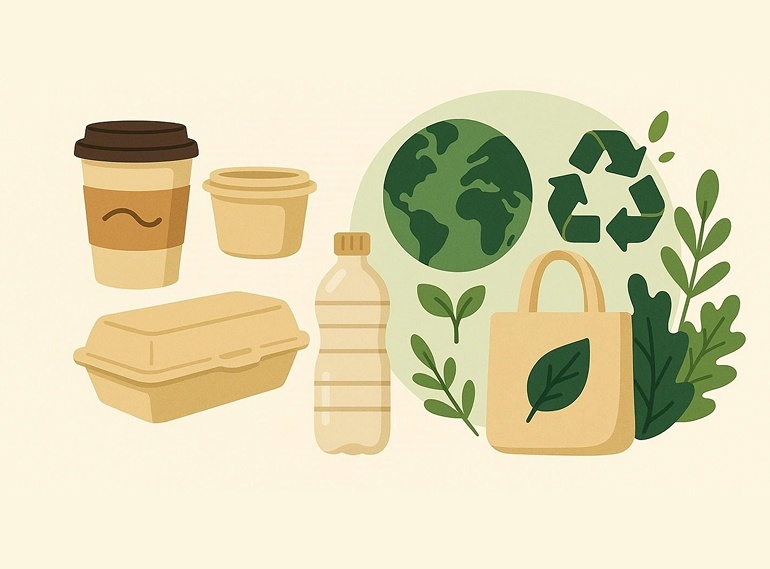 Illustration nachhaltiger Verpackungen mit Kaffeebechern, Lebensmittelbox, Plastikflasche, Stofftasche und Recycling-Symbol vor grüner Erde, umgeben von Blättern
