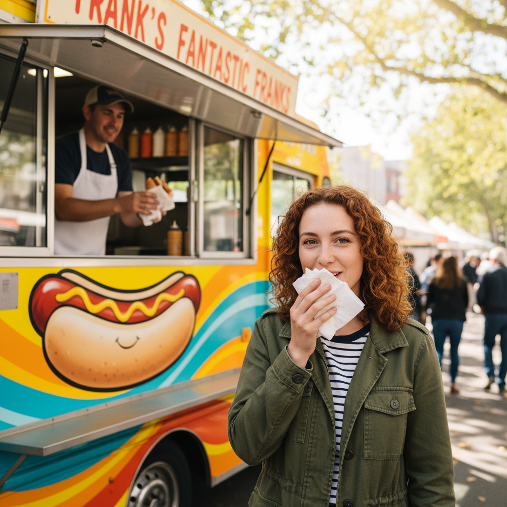 Eine Frau steht vor dem Foodtruck mit Serviette