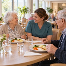 Zwei Pflegeheimbewohner beim Mittagessen im Gespräch mit einer Pflegekraft.