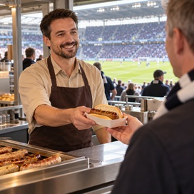 Gastronom im Stadion überreicht Bratwurst zum Mitnehmen