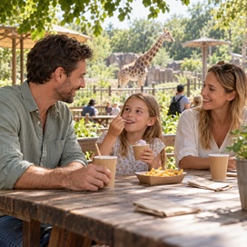 Familie genießt Snacks auf einer Zoo-Terrasse mit Giraffe im Hintergrund.