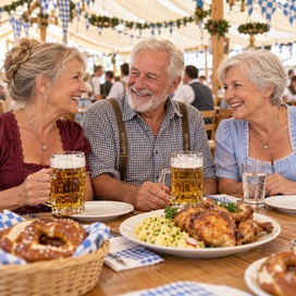 Zwei ältere Frauen und ein älterer Herr genießen die Festzeltatmosphäre.