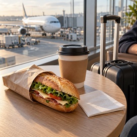 Belegtes Baguette und Kaffeebecher am Flughafenfenster mit Flugzeug im Hintergrund.