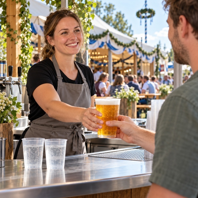Frau reicht Gast ein Bier über den Tresen
