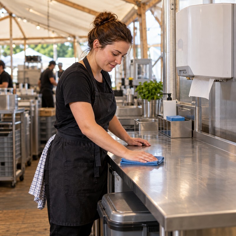 Servicekraft reinigt Tresen im Festzelt.