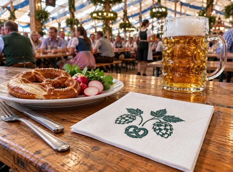 Bedruckte Serviette mit Hopfen- und Brezelmotiv auf einem Holztisch im belebten Festzelt.